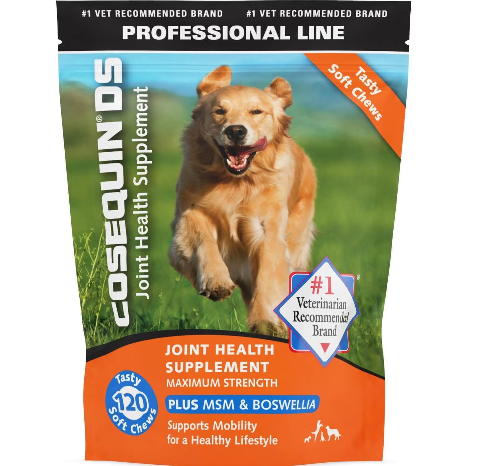 A green and white box of Cosequin for dogs, a joint health supplement.